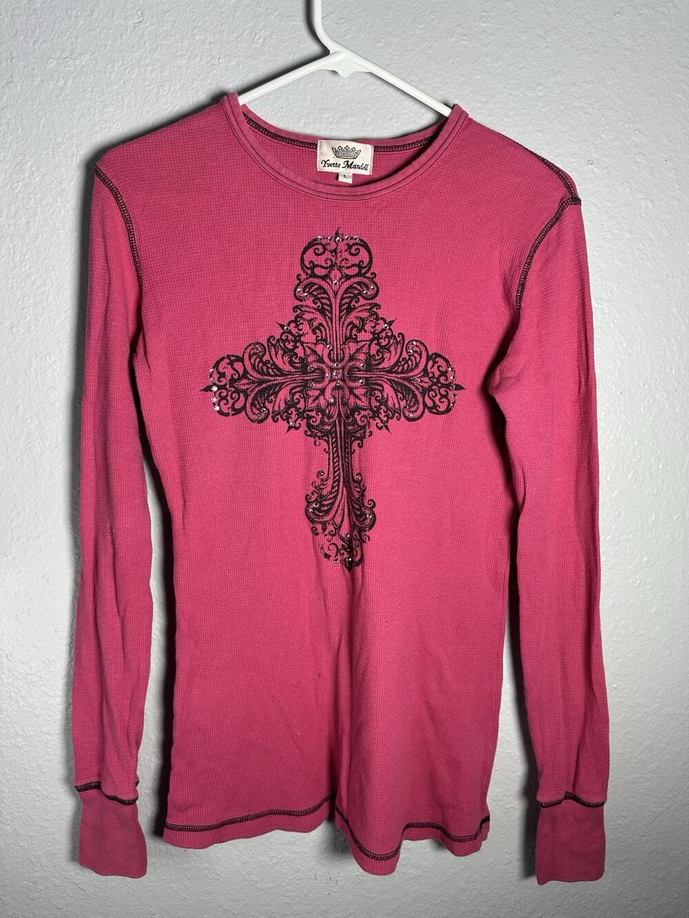 Vintage Y2K Yvette Mandela Women’s Long Sleeve Rhinestone Shirt Pink Size Large